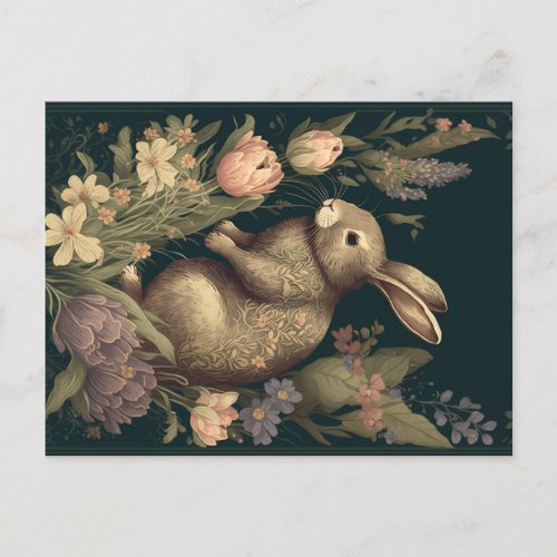 Floral Rabbit in a Vintage Garden Holiday Postcard