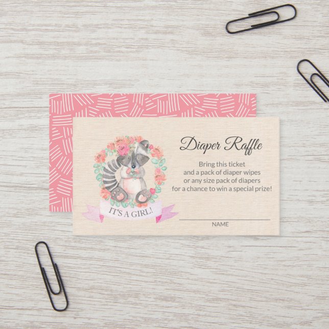 Floral Raccoon Baby Shower Diaper Raffle Ticket (Front/Back In Situ)