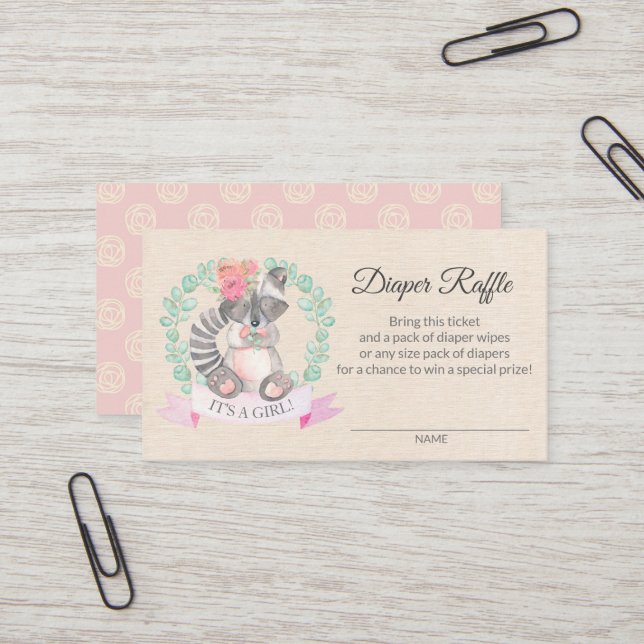 Floral Raccoon Baby Shower Diaper Raffle Ticket (Front/Back In Situ)