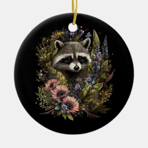 Floral Raccoon Spring Nature Raccoon Lovers Cottag Ceramic Ornament