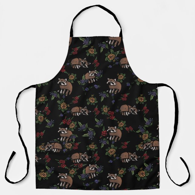 Floral Raccoons Cute Sleeping Raccoon Pattern Apron (Front)