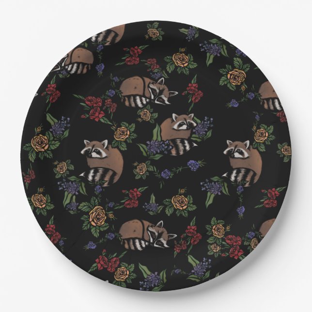 Floral Raccoons Cute Sleeping Raccoon Pattern Paper Plates (Front)