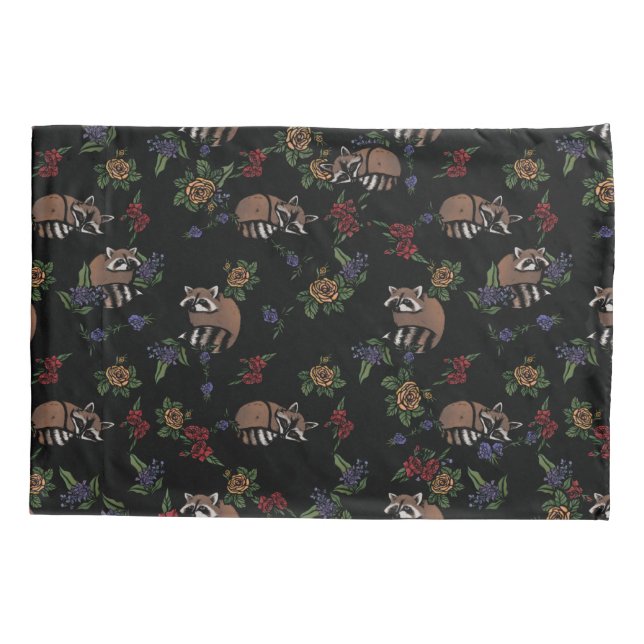 Floral Raccoons Cute Sleeping Raccoon Pattern Pillow Case (Back)