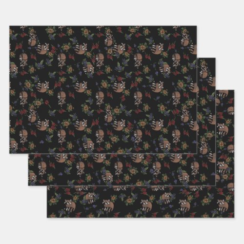 Floral Raccoons Cute Sleeping Raccoon Pattern Wrapping Paper Sheets