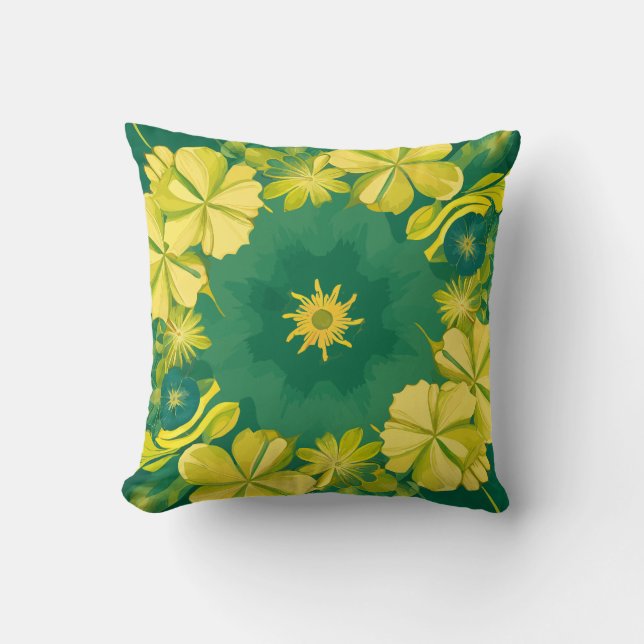 Floral Radiance: Yellow & Green Botanical Pattern Throw Pillow (Front)