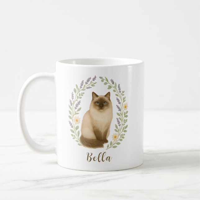 Floral Ragdoll Cat Frame Personalized Name Coffee Mug (Left)
