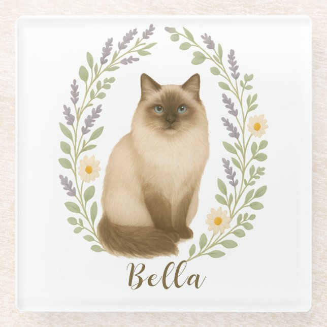 Floral Ragdoll Cat Frame Personalized Name Glass Coaster (Front)
