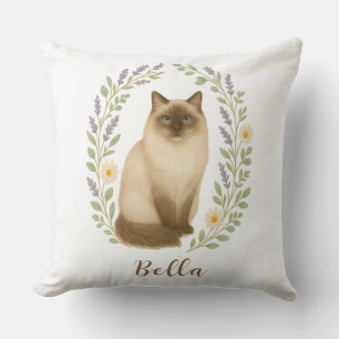 Floral Ragdoll Cat Frame Personalized Name Throw Pillow