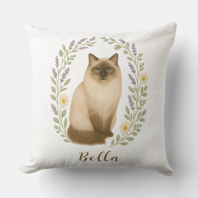 Floral Ragdoll Cat Frame Personalized Name Throw Pillow (Front)