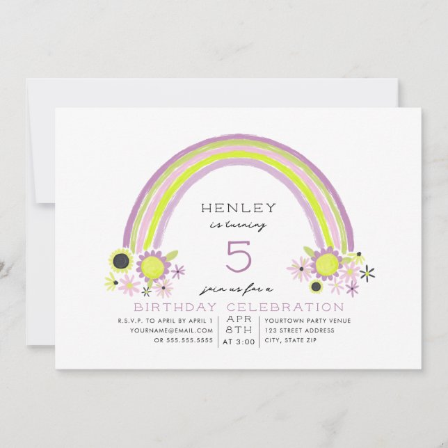 Floral Rainbow Birthday Neon Lavender Invitation (Front)