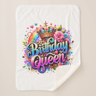Floral Rainbow Birthday Queen Sherpa Blanket