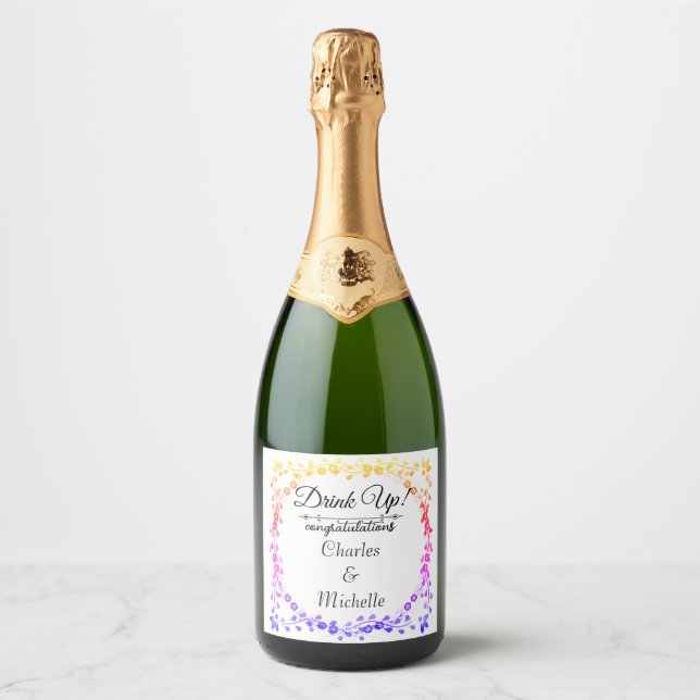Floral Rainbow Sparkling Wine Bottle Label  (Front)