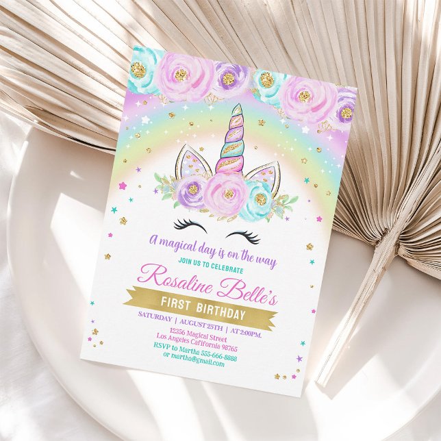 Floral Rainbow Unicorn Birthday Party Invitation (Creator Uploaded)