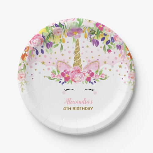 Floral Rainbow Unicorn Girl Birthday Party Plate