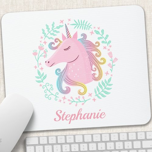 Floral Rainbow Unicorn Mouse Pad