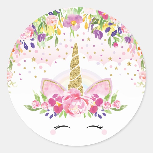 Floral Rainbow Unicorn Thank You Sticker Favors (Front)