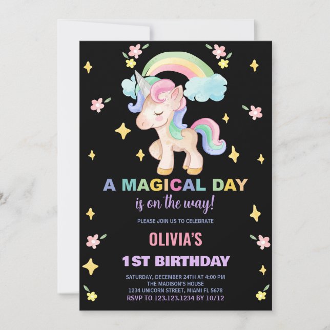 Floral Rainbows Unicorn Birthday Invitations (Front)