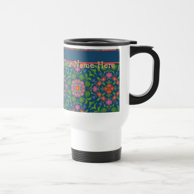 Floral Rangoli Deep Blue Travel Mug to Personalize (Right)