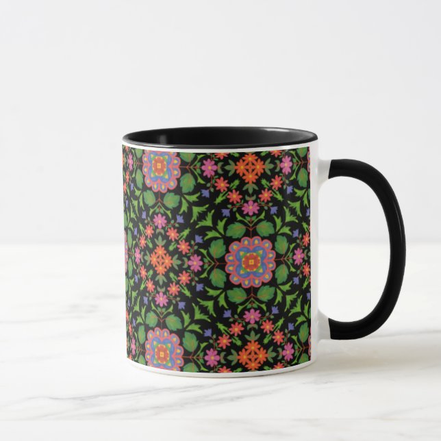 Floral Rangoli on Black Ringer Coffee Mug (Right)