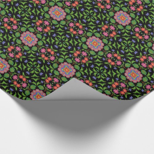 Floral Rangoli Pattern Black Wrapping Paper