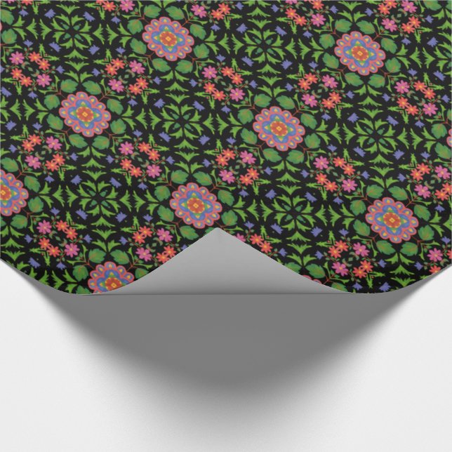Floral Rangoli Pattern, Black Wrapping Paper (Corner)