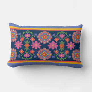 Floral Rangoli Pattern Border, Blue Lumbar Pillow