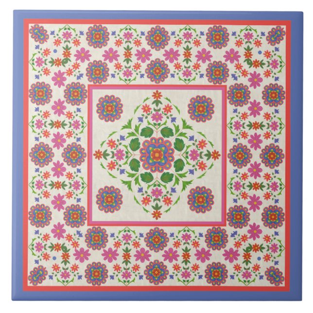 Floral Rangoli Pattern Border, Ecru: Ceramic Tile (Front)