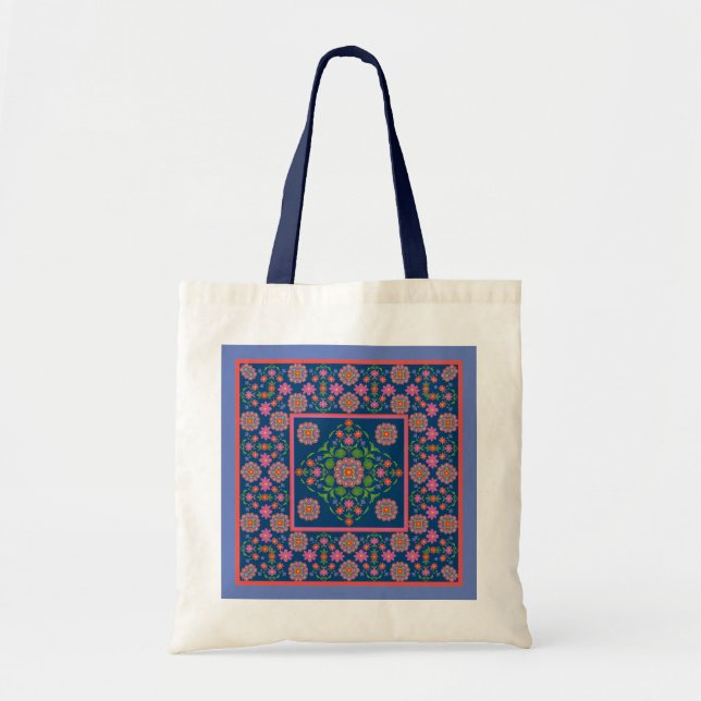 Floral Rangoli Pattern Border on Blue: Tote Bag (Front)
