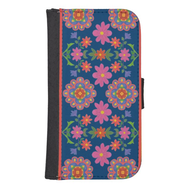 Floral Rangoli Pattern Border on Blue Wallet Case (Front)