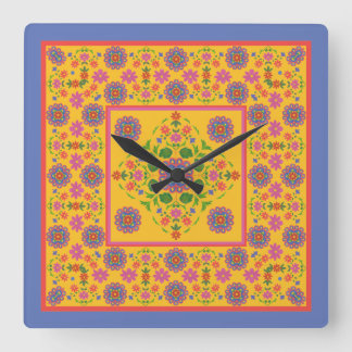 Floral Rangoli Pattern Border on Yellow Wall Clock