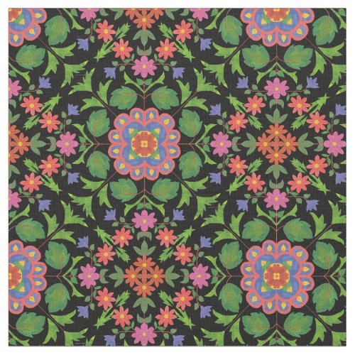 Floral Rangoli Pattern on Black Custom Fabric