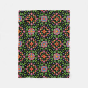 Floral Rangoli Pattern on Black Fleece Blanket