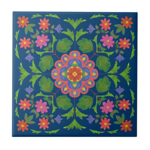 Floral Rangoli Pattern on Blue Ceramic Tile