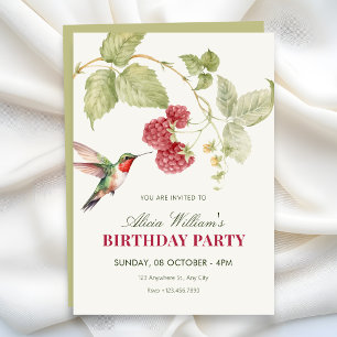 Floral raspaberries hummingbird birthday invitation