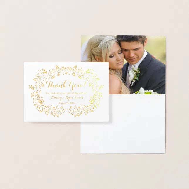 Floral Real Gold Foil Wedding Photo Thank you Foil Card | Zazzle