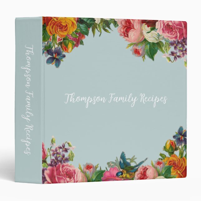 Floral recipe collection with family name blue  3 ring binder (Front/Spine)