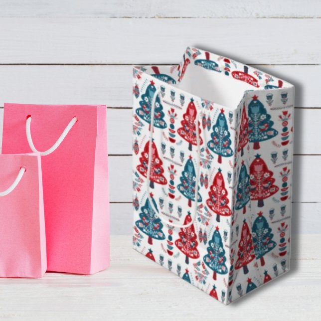 Floral Red and Blue Scandinavian Christmas Tree  Medium Gift Bag (Creator Uploaded)