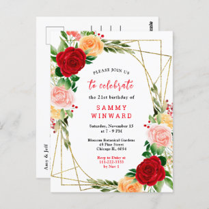 Floral Red and Orange Roses Birthday Party Postcard