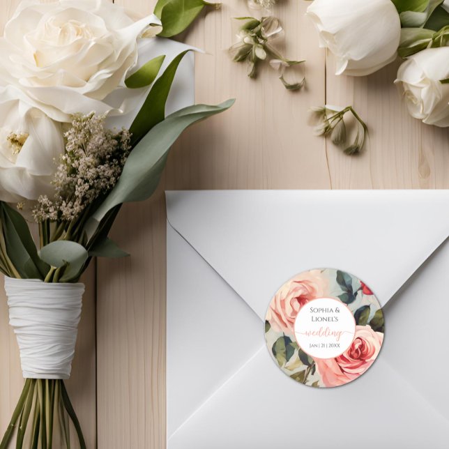 Floral Red And Pink Flowers Classic Wedding Classic Round Sticker (Creator Uploaded)