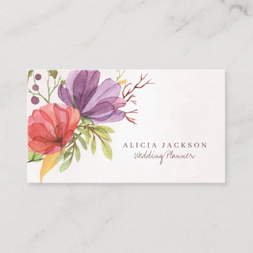 Floral red and purple watercolor wedding planner business card