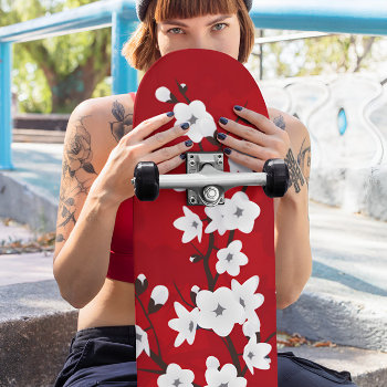Floral Red And White Cherry Blossom Skateboard by NinaBaydur at Zazzle