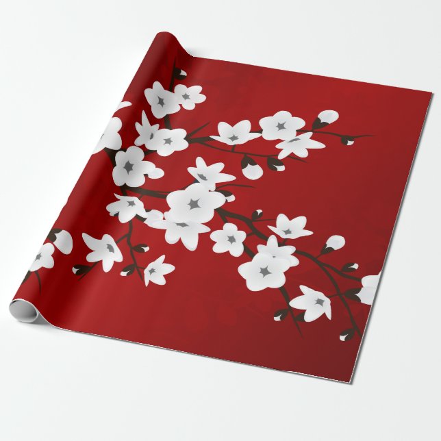 Floral Red And White Cherry Blossom Wrapping Paper (Unrolled)