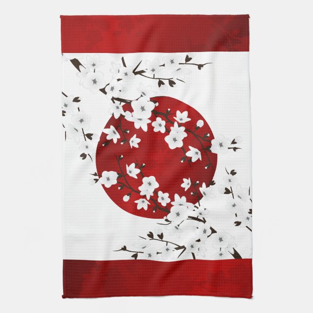 Floral Red And White Cherry Blossoms Rising Sun Kitchen Towel (Vertical)