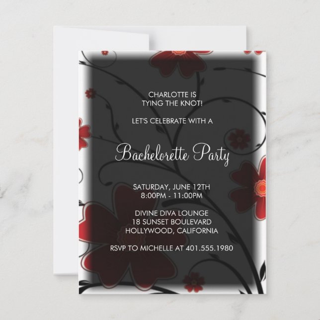 floral red; bachelorette invitation (Front)