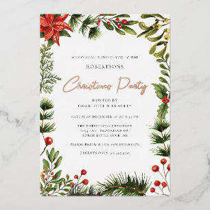 Floral Red Berries Christmas Party Rose Gold Foil Invitation