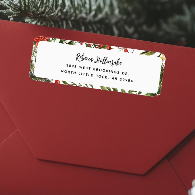 Floral  Red Berries Greenery Family Return Address Label (Christmas Holidays Botanical Red Berries Return Address Label)