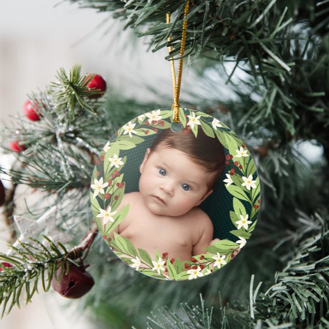 Floral Red Berries Greenery Wreath Photo Ceramic Ornament (Creator Uploaded)