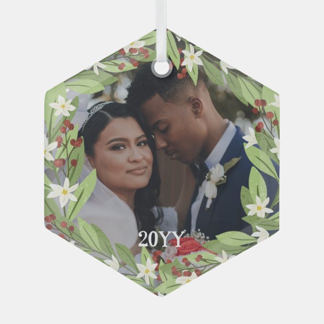 Floral Red Berries Greenery Wreath Photo Glass Ornament (Front)