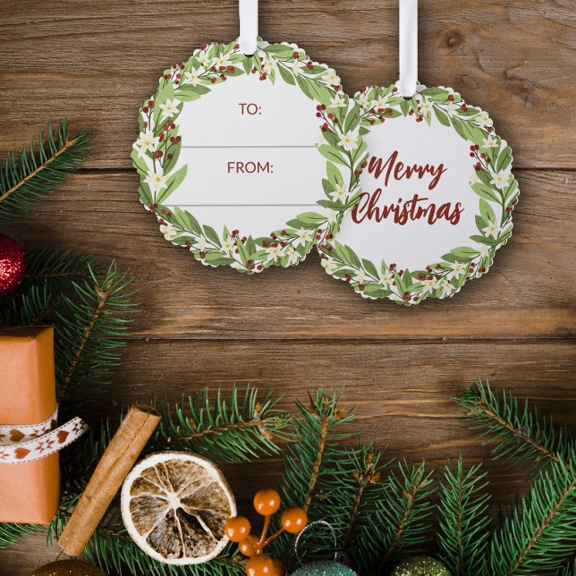 Floral Red Berry Greenery Wreath To From Ornament Card (Creator Uploaded)