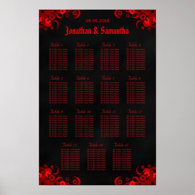 Floral Red & Black 15 Wedding Tables Seating Chart (Front)